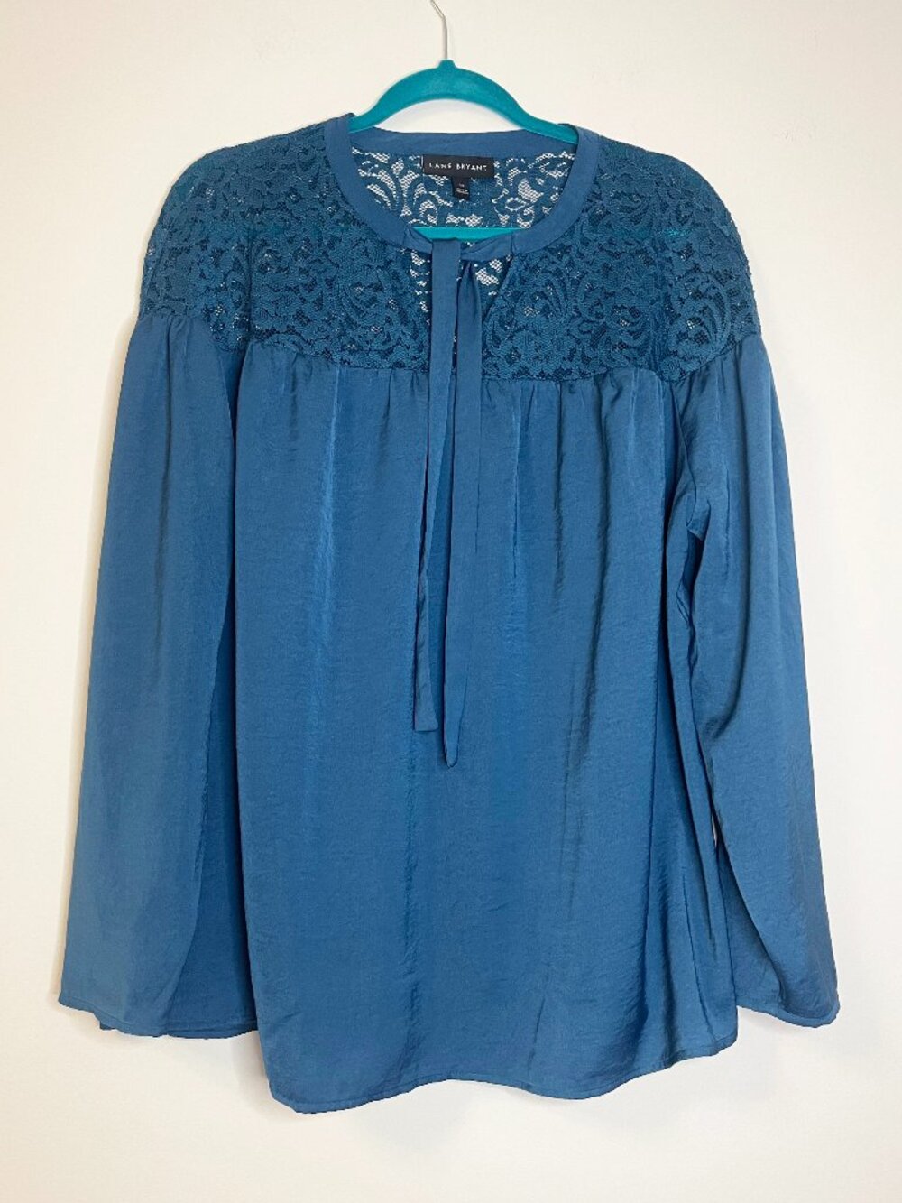 Lane Bryant Size 16 Teal Lace Yoke Tie Neck Blouse Long Sleeve Boho Top